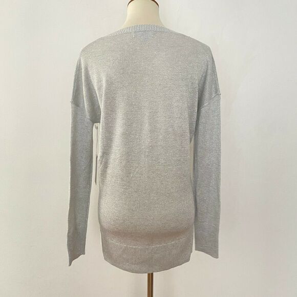Chelsea28 V Neck Metallic Pullover Sweater Long Sleeve Grey Silver XS - Picture 4 of 9